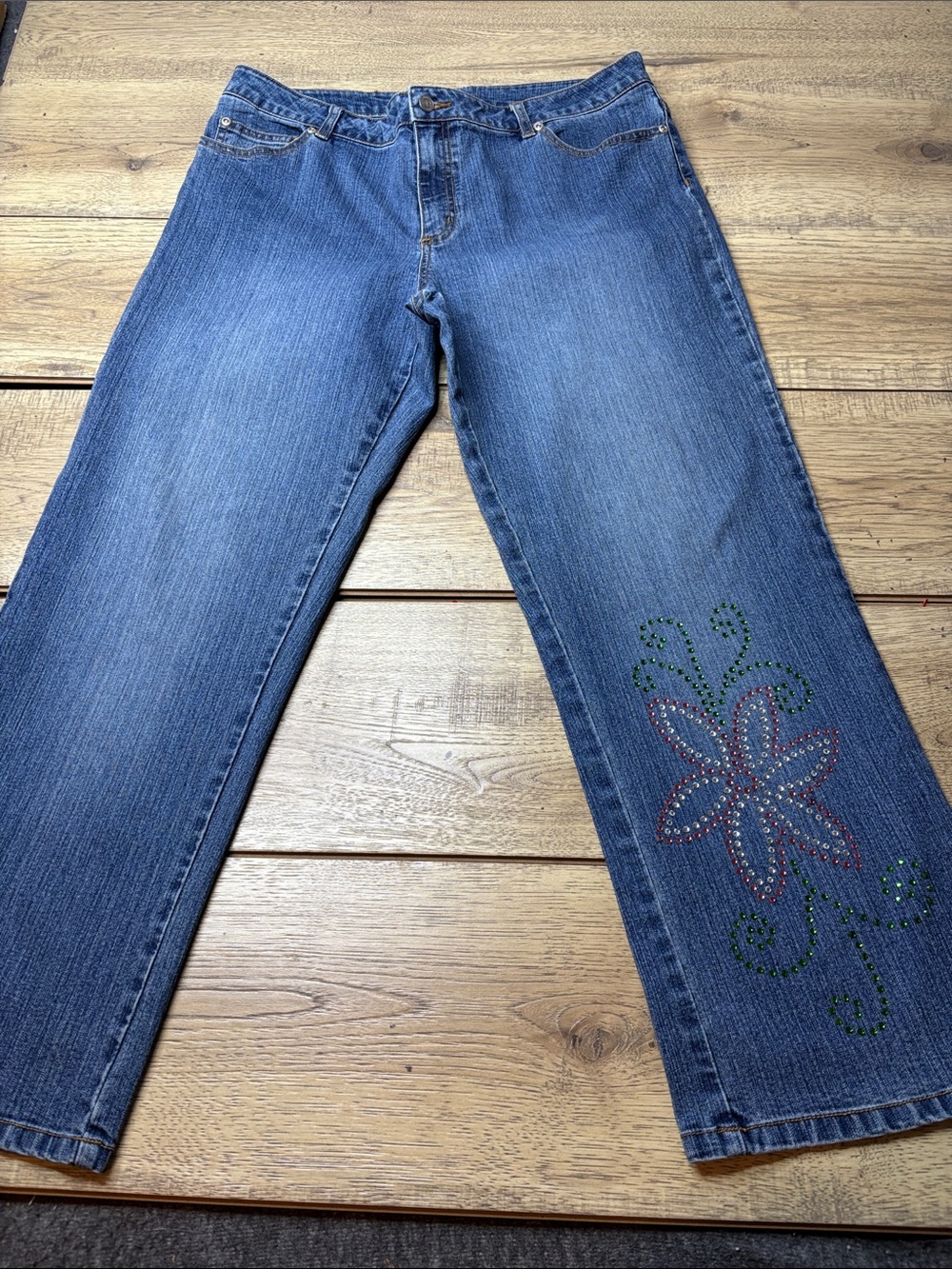 Women’s Vintage Lilly Pulitzer Denim Cropped Jeans with Floral Rhinestone Siz 14